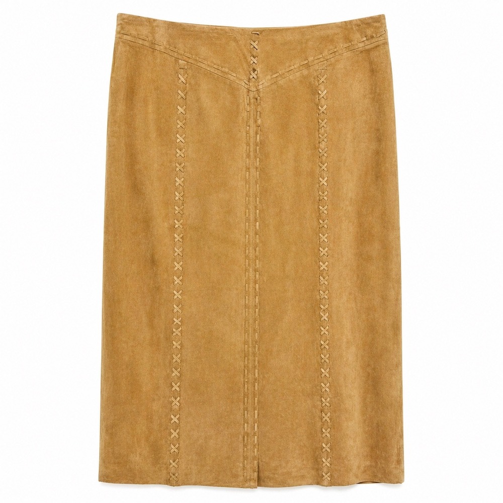 Ruby Cho Tan Suede Whipstitch Midi Skirt Western Boho Camel Leather Size 12